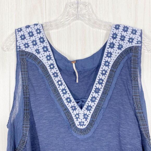 Free People | Blue Embroidered V Neck Sleeveless Top Size Small - Picture 4 of 8
